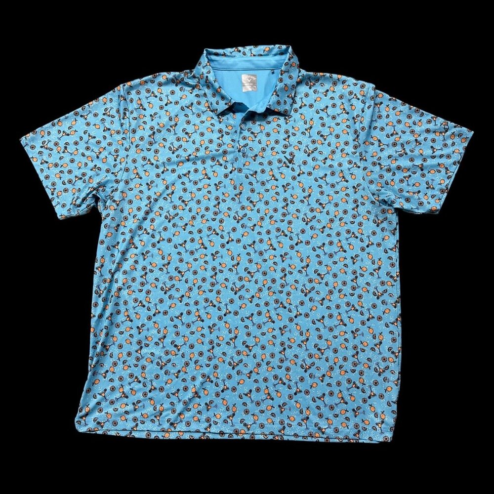 Callaway Golf Polo Shirt Mens Opti Dri XXL Margarita Blue Orange Slice Kitschy - Picture 2 of 10